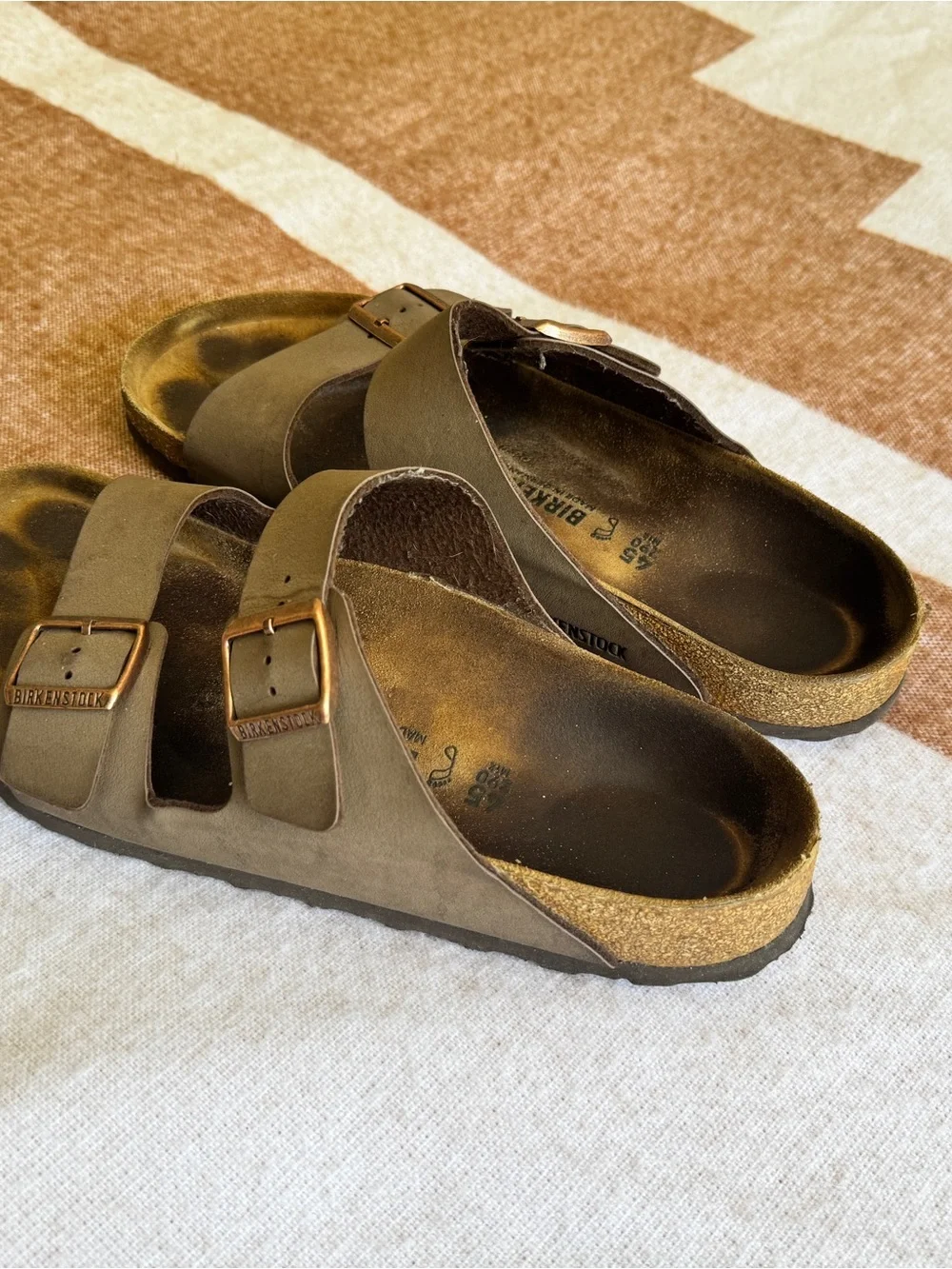 Birkenstock Arizona Two-Strap Sandals in Olive Brown with Brass Buckles